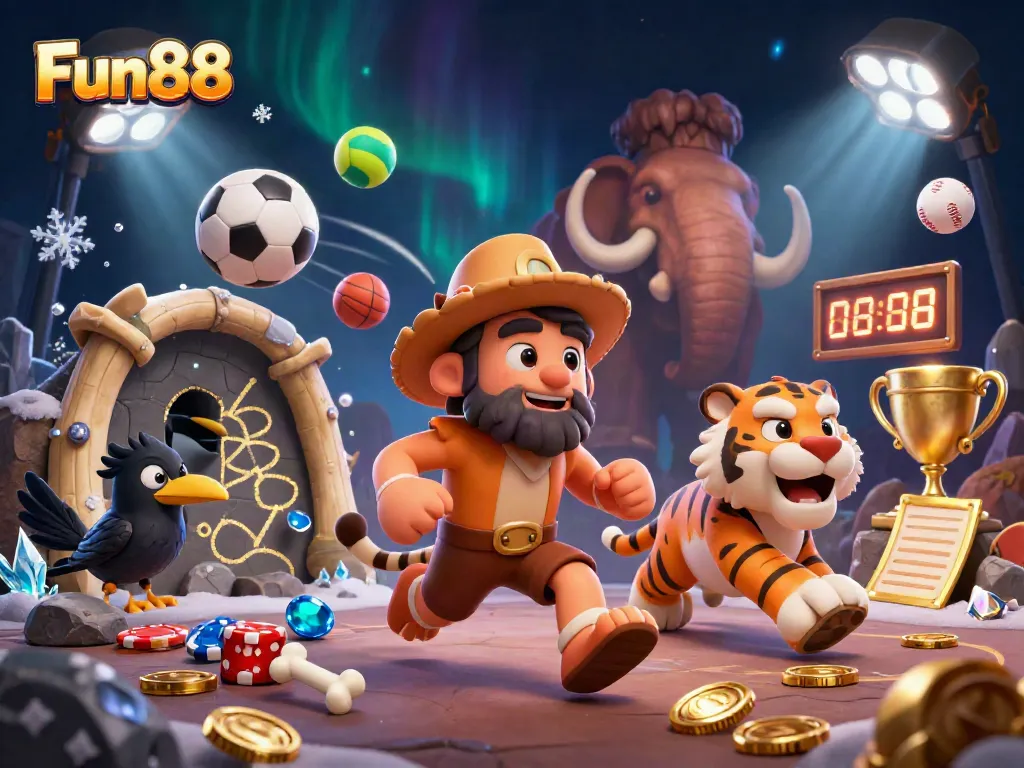 Experience Fun88 with playful cavemen and sports elements in a vibrant casino illustration.