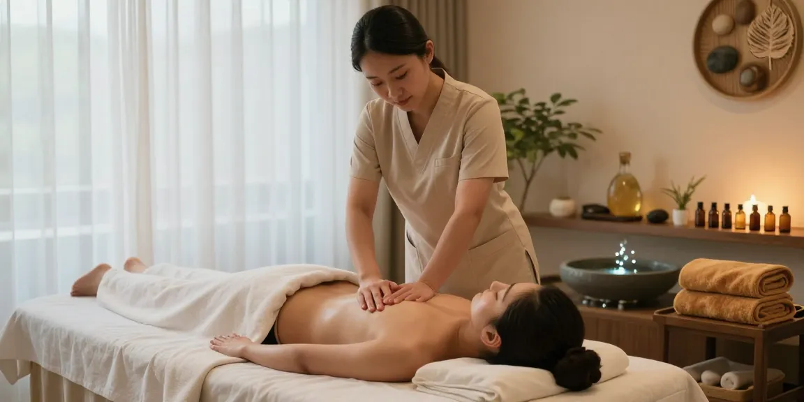 마사지 치료 중 편안하게 휴식하는 고객과 마사지사 모습