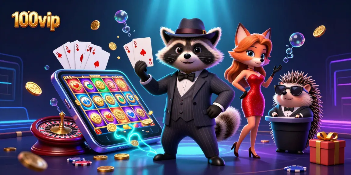 Experience thrilling gameplay at 100vip with a raccoon and friends enjoying casino games.