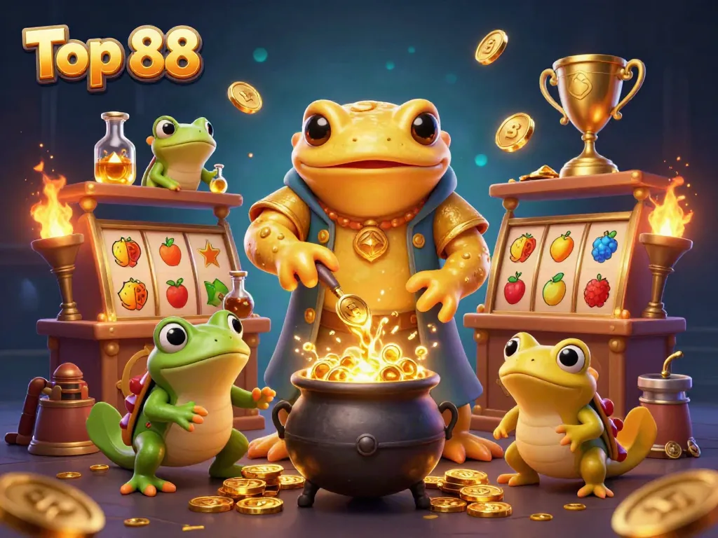 Engage with Top 88 through a vibrant alchemist scene, where golden coins and slot reels come to life.