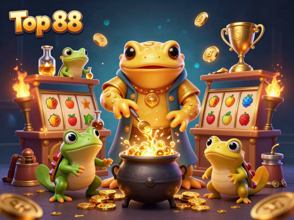 Engage with Top 88 through a vibrant alchemist scene, where golden coins and slot reels come to life.