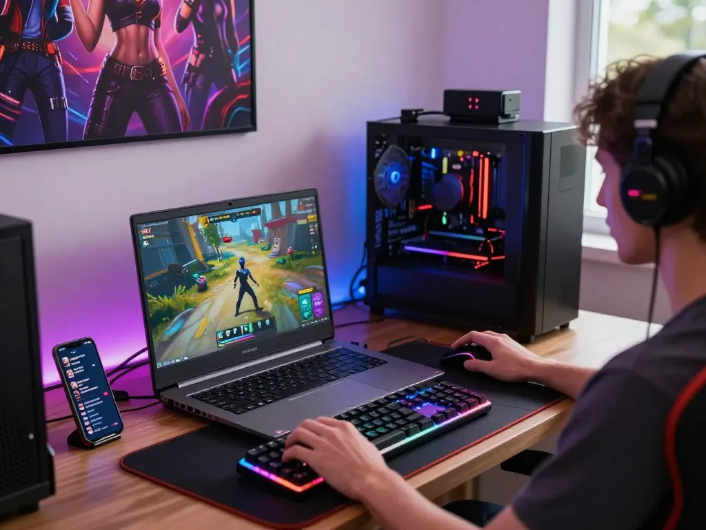 Engaging scene of player enjoying online porn games on a gaming laptop in a vibrant gaming setup.