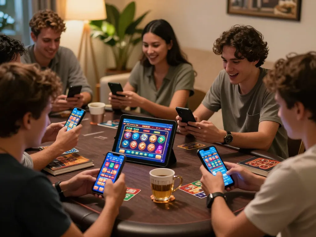Kwin app users enjoying engaging gameplay on smartphones and tablets in a cozy home setting.