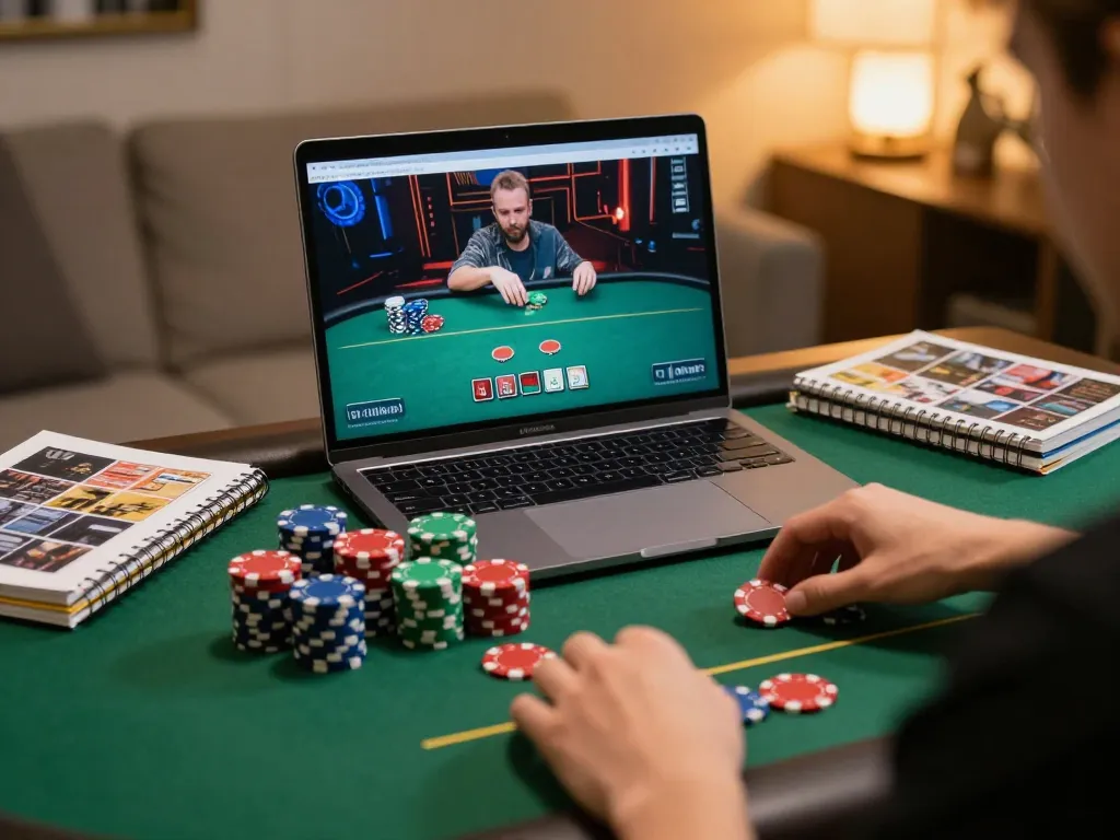 Player analyzing poker strategies on laptop in a comfortable home setting while engaging in RR88 gambling activity
