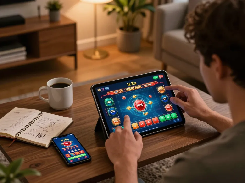 Player engaging with Tài Xỉu online at home, showcasing interactive gameplay at taixiuonlinego.