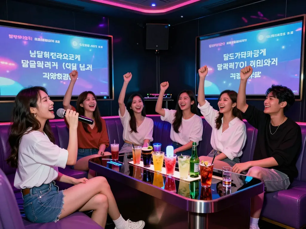활기찬 분위기와 다채로운 조명이 어우러진 달토가라오케에서 즐거운 밤을 보내는 친구들.