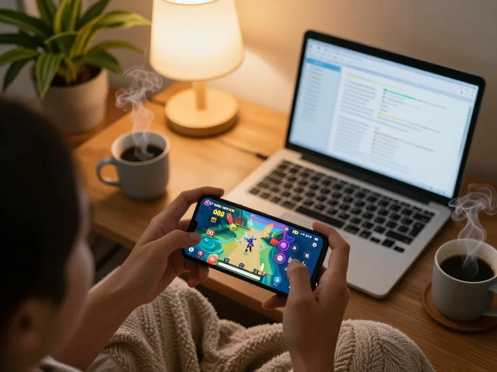 Pemain yang terlibat dalam permainan mobile rokok 88 di smartphone, menunjukkan fitur interaktif dalam suasana yang nyaman