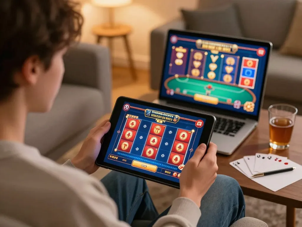 Engaging online gaming experience at home with user focusing on okfun đăng nhập for casino entertainment.