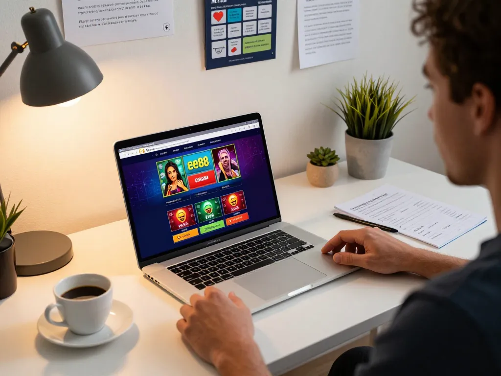 Playing games at ee88 online casino with a laptop and coffee, showcasing a friendly gambling environment.