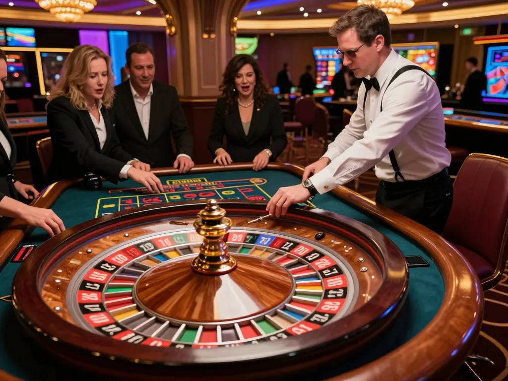 Players placing bets at a sunwin roulette table in an upscale casino atmosphere.