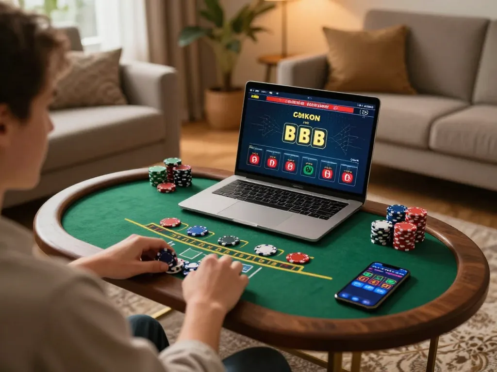 Playing blackjack live on 98win trang chủ from a cozy home setup with strategic betting.