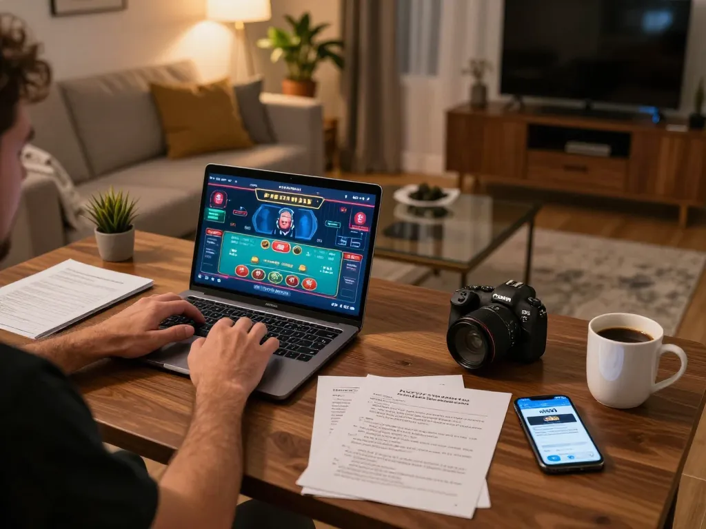 Player enjoying online gaming on vin88lk app in a cozy living space with notes on gambling strategies