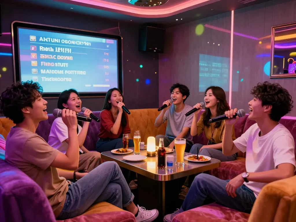 생동감 넘치는 방에서 음료와 노래를 즐기는 그룹, 3no.org/seo의 활기찬 분위기를 보여줍니다.