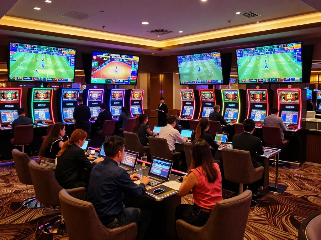 Engaged sports bettors analyzing ty le keo nha cai in a upscale casino lounge environment.