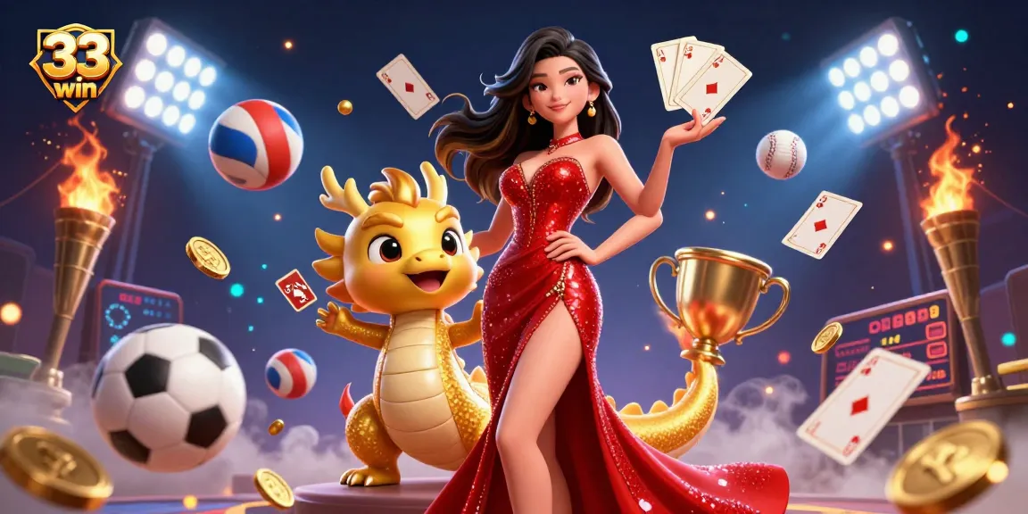 Experience the thrill of 33 win with a vibrant illustration showcasing dynamic sports and casino elements.