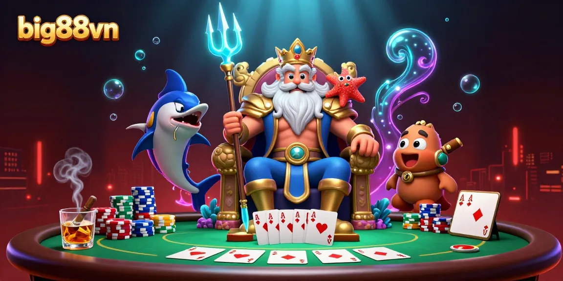 Engage with big88vn's vibrant casino scene featuring Neptune, poker chips, and winning hands.