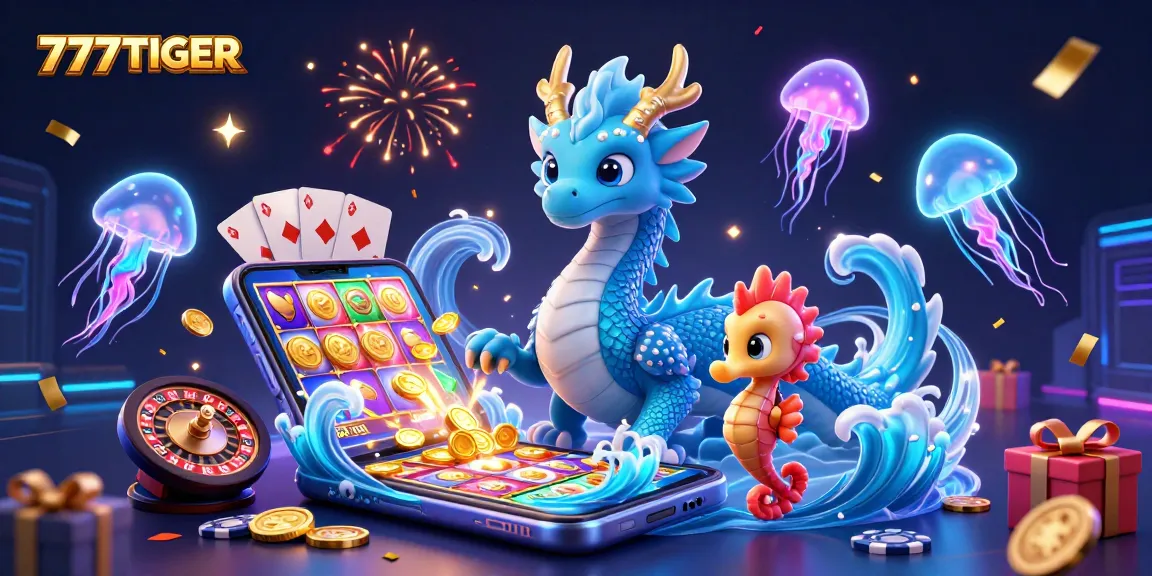 Win big with 777TIGER in a vibrant casino scene featuring gaming elements and magical creatures.
