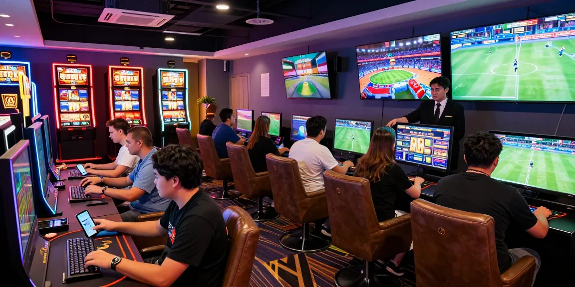 Players enjoying games at XX88's vibrant gaming lounge, showcasing the excitement of online gambling.