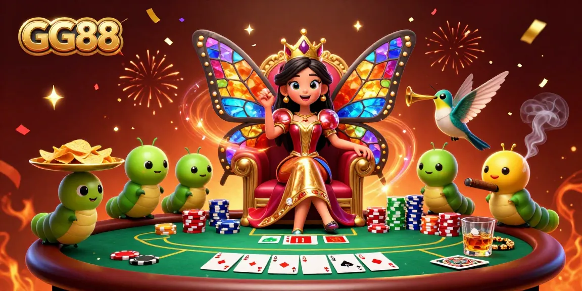 Experience GG88’s vibrant casino scene with a magical butterfly queen and lively poker game.