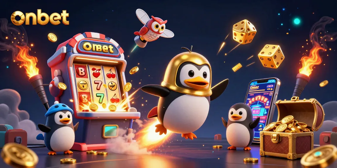 Experience thrilling gaming action with Onbet's golden penguin launching into a casino-themed space adventure.