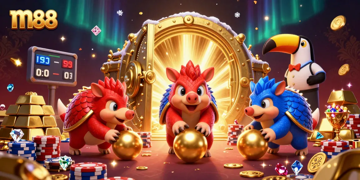 m88 pangolins rolling golden balls while bowling poker chips, festive casino scene illustration
