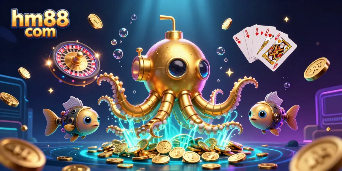 Engage in thrilling games at hm88 com with vibrant casino scenes featuring golden coins and spinning roulette.