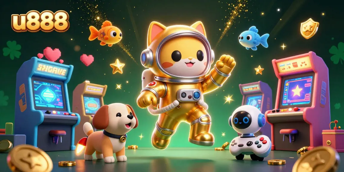 Engage with the exciting world of u888 online gambling featuring a playful space cat and a robot dog amongst vibrant gaming elements.