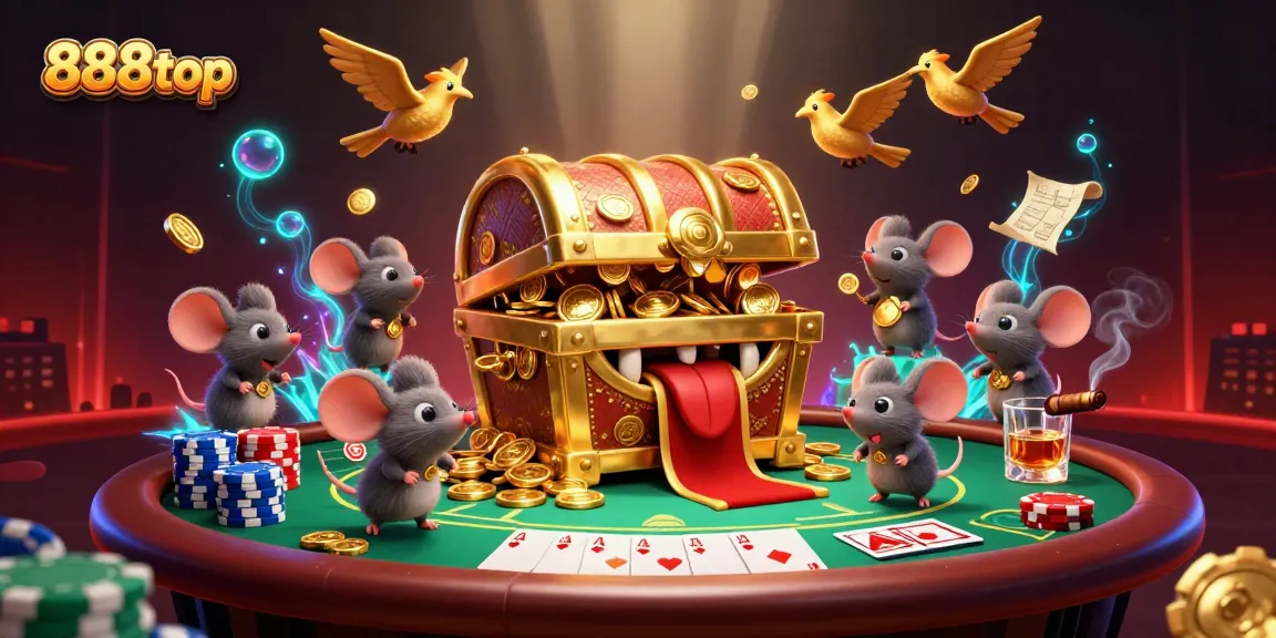 Engage with 888top's vibrant casino adventure featuring a treasure chest, poker elements, and dynamic gameplay.