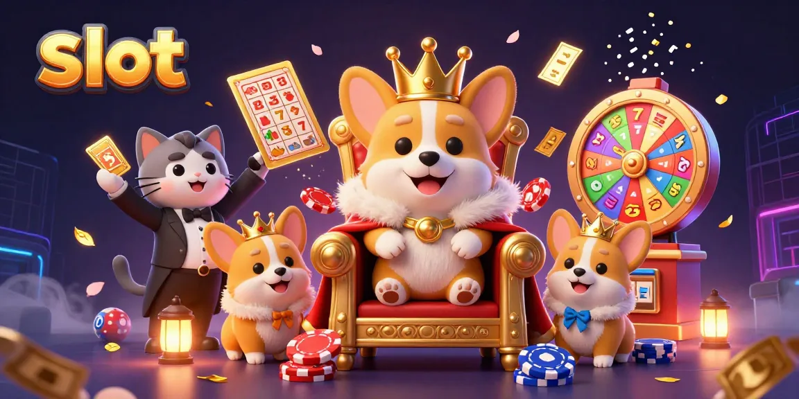 Enjoy thrilling slot action with a royal corgi and vibrant casino elements in this 3D illustration.
