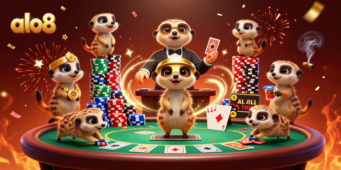 Experience the thrill of ALO8's dynamic casino scene with meerkats dealing poker and sneaking chips.