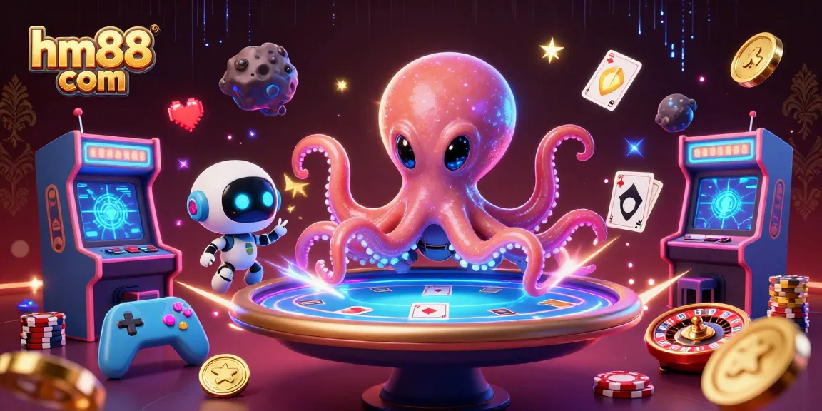 Experience fun at hm88 com with an alien octopus playing poker in a vibrant 3D casino scene.
