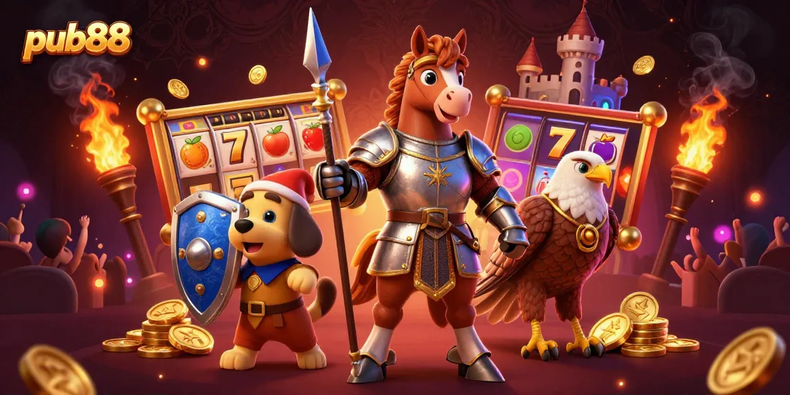 Engage with exciting slots at pub88 featuring a medieval knight and vibrant casino elements.
