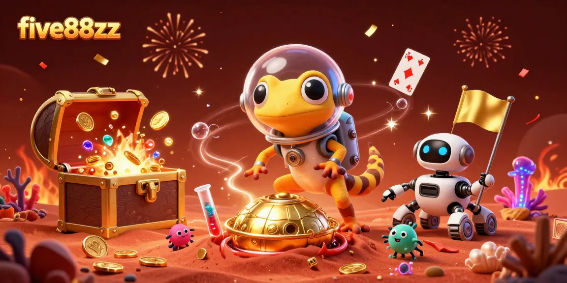Experience thrills at five88zz's cosmic casino adventure with Martian gecko and alien cheer!