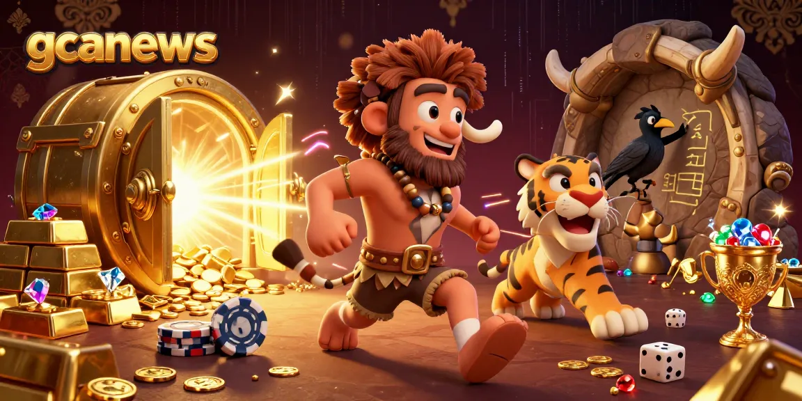 gcanews showcasing a dynamic prehistoric casino scene with cartoon characters and glittering treasures