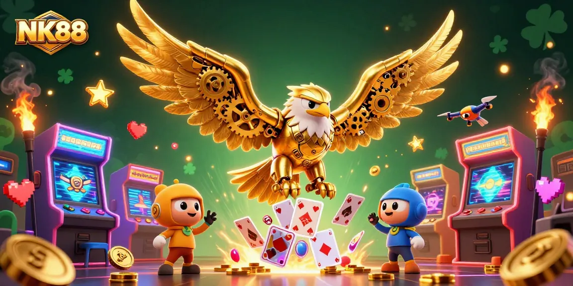 Engage in thrilling gameplay at NK88 with vibrant 3D elements illustrating dynamic casino action.
