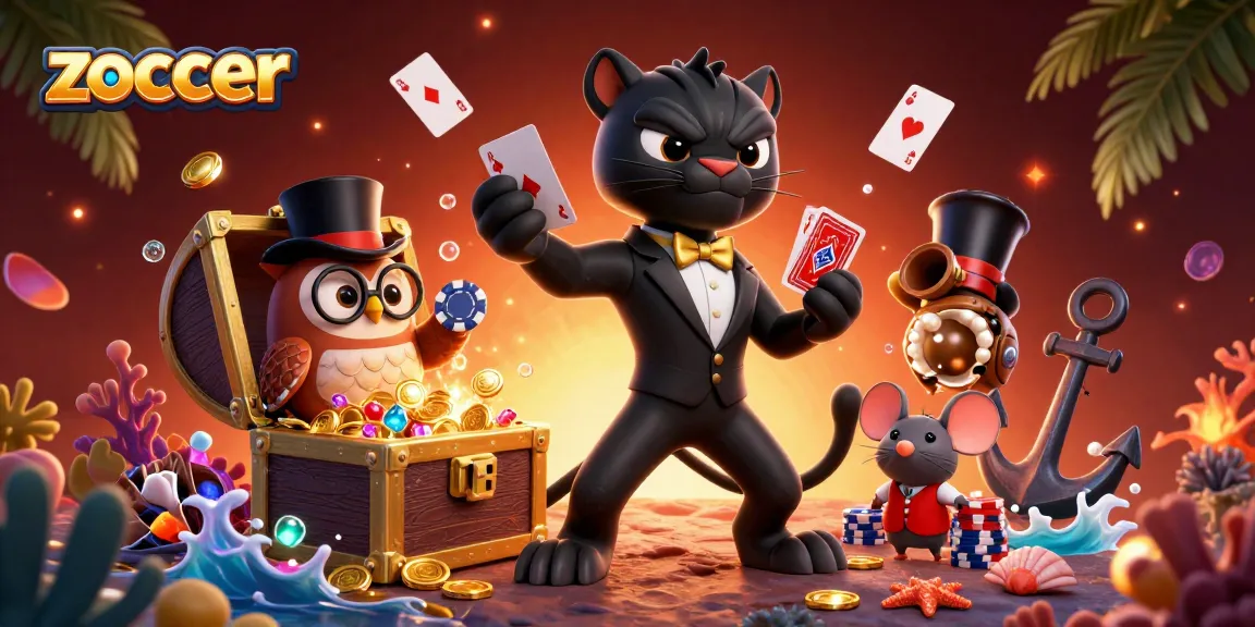 Zoccer reveals a charming scene with a panther dealer, an owl with poker chips, and a mouse, amidst a vibrant casino setting.