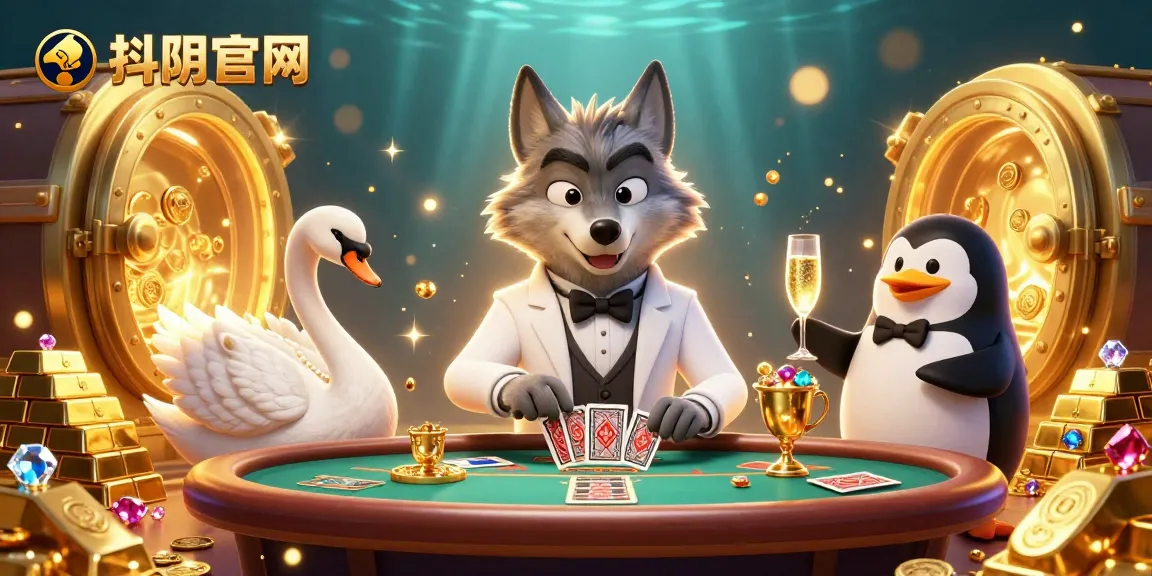 Engage with 抖阴官网 at an exciting baccarat table hosted by a debonair wolf, swan, and penguin in a luxurious scene.