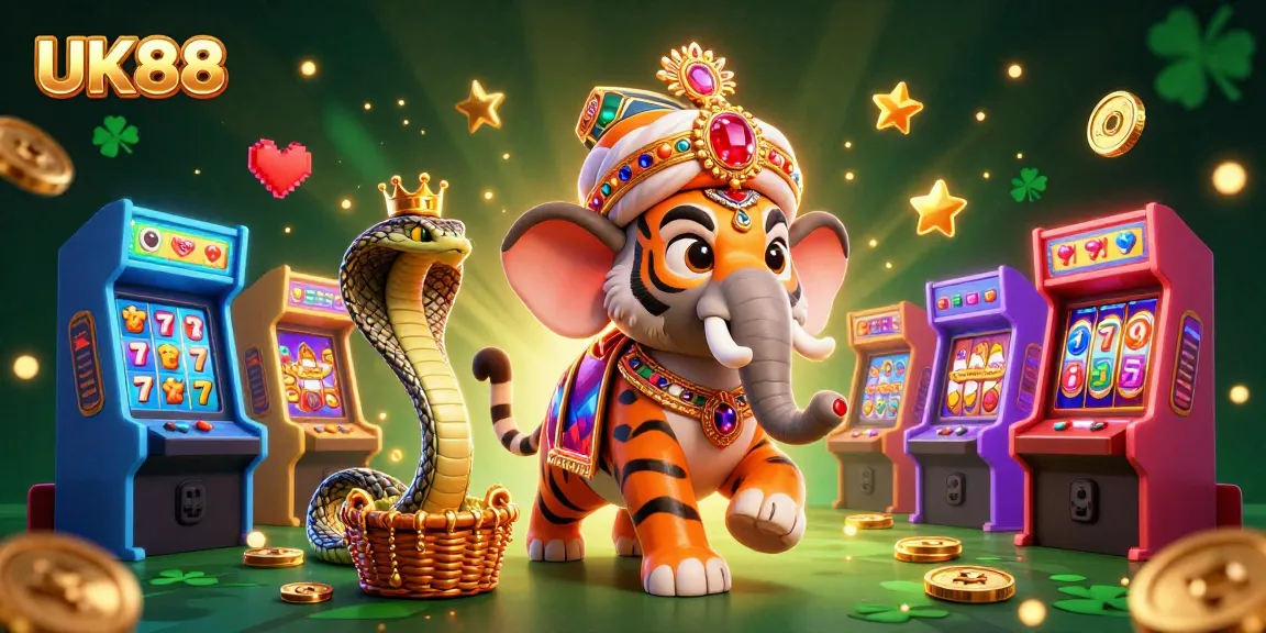 Experience the excitement of UK88 slots with a vibrant 3D illustration featuring a royal tiger and golden gaming elements.