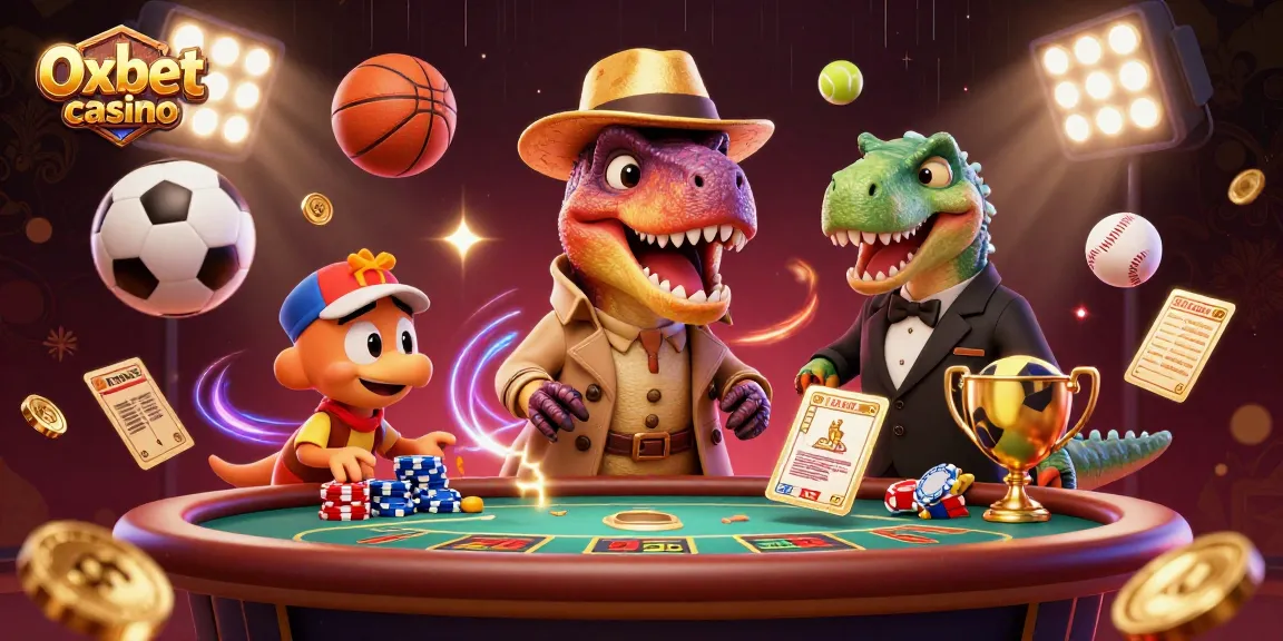 Engaging gameplay at Oxbet casino featuring a velociraptor card counter amidst dynamic sports elements and neon effects.