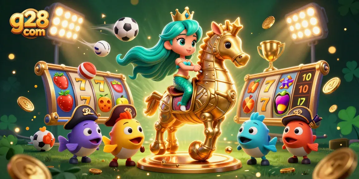 Experience the excitement of g28 com with a colorful 3D mermaid and casino-themed illustration showcasing games and trophies.