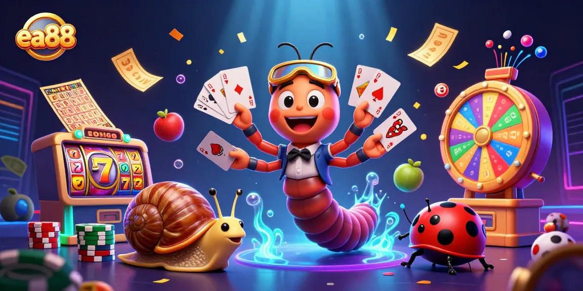 Engage with ea88’s vibrant casino scene featuring a millipede dealer surrounded by lively game elements.