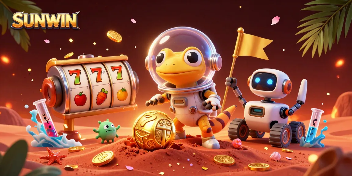 SUNWIN offers a vibrant Martian-themed casino experience with slots and golden coins amidst festive decorations.