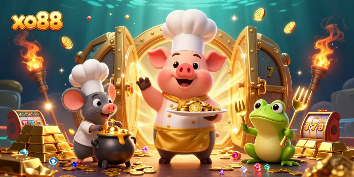 Experience the excitement of xo88 with a vibrant 3D illustration of a gourmet casino feast featuring gold coins and slot elements.