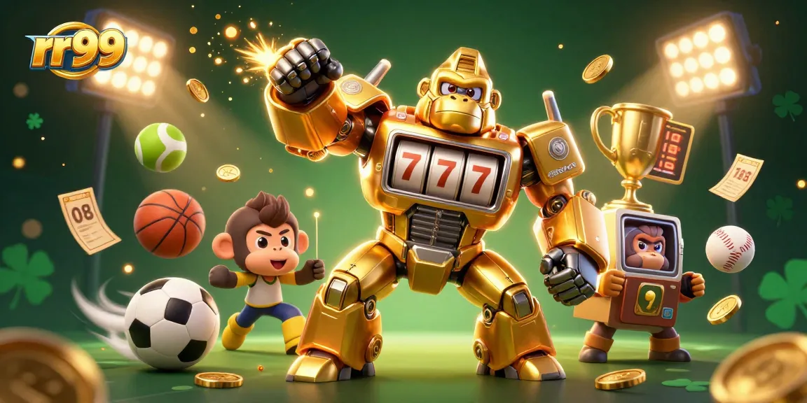 Spin to win at rr99 with a vibrant 3D illustration of an animated golden gorilla mech and dynamic sports elements.