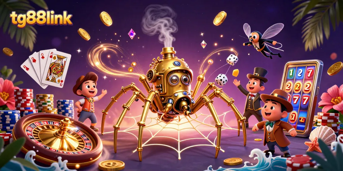 Experience thrilling wins at tg88link with a dynamic 3D illustration showcasing a steampunk spider web of casino elements.