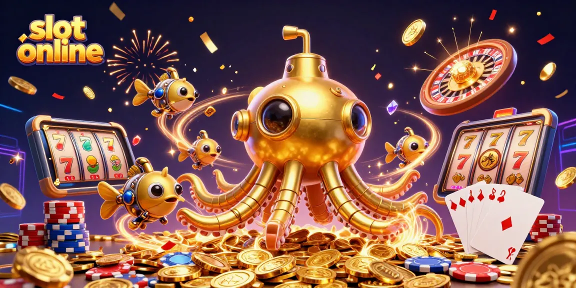 Mesin slot online menampilkan simbol keberuntungan di antara lautan koin emas dan suasana kasino yang meriah.