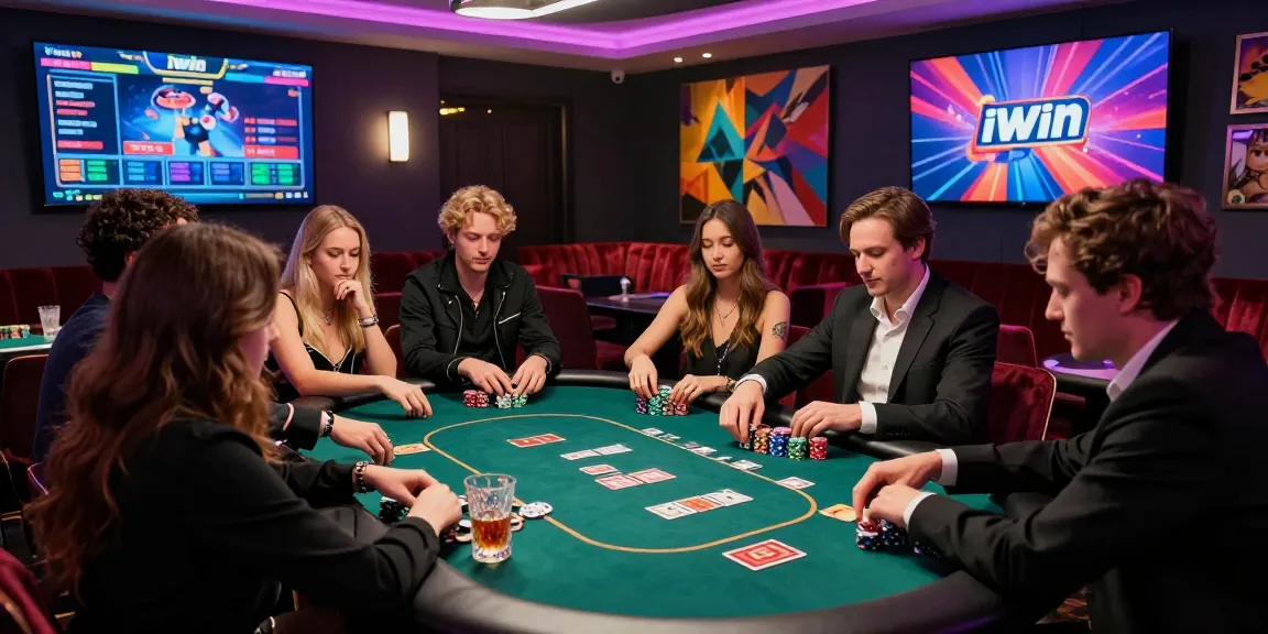 Engaging high-stakes poker game at iwin casino with friends in vibrant luxury setting.
