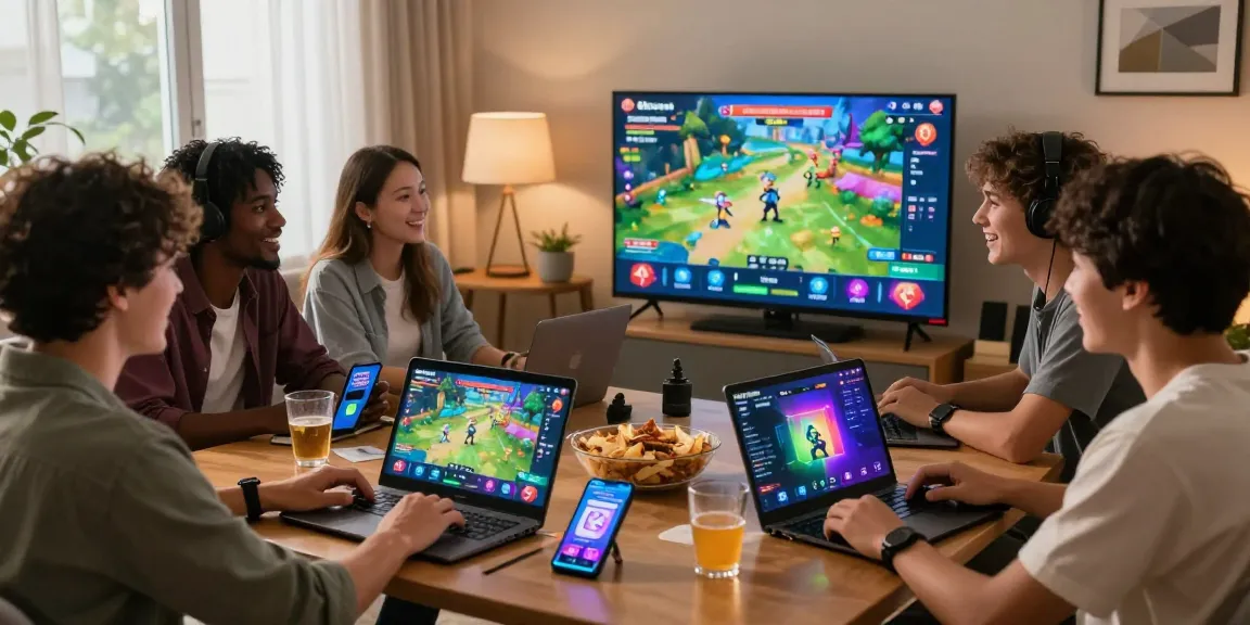 Friends engaged in an exciting game night using 68gamebai platform, showcasing vibrant game interface and lively atmosphere.