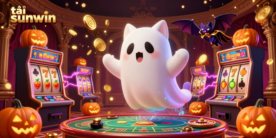 Experience the thrill of gaming with tải sunwin in this vibrant casino scene featuring a friendly ghost cat and vampire bat.
