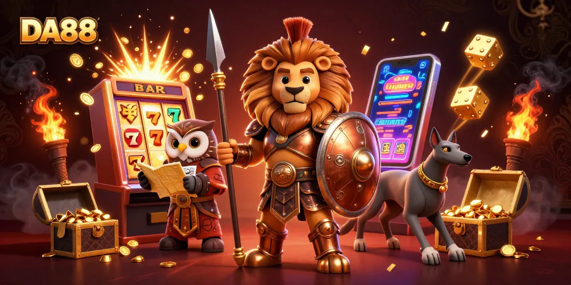 Experience the exciting DA88 gaming with animated characters and jackpot elements, showcasing a rich casino atmosphere.
